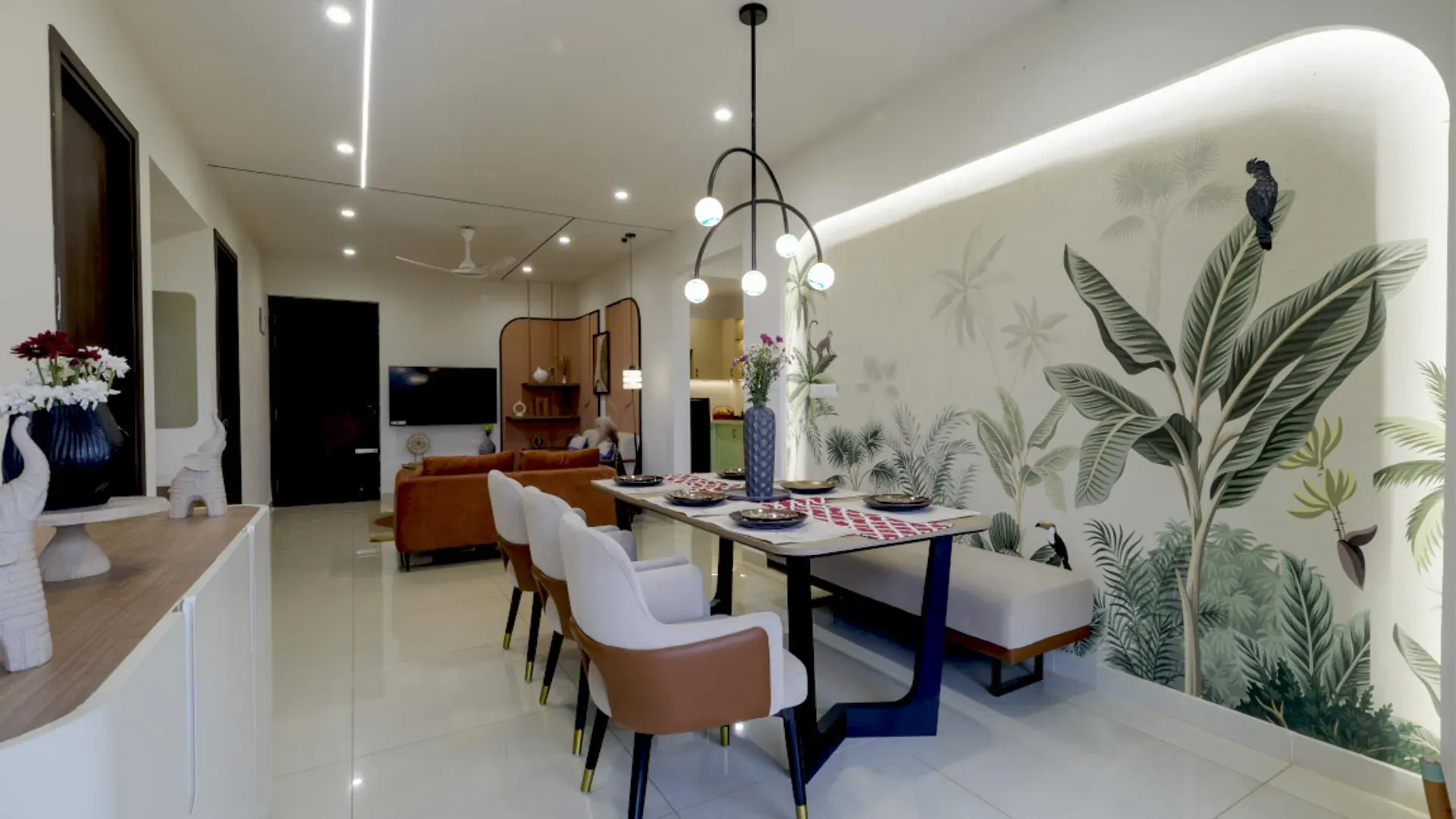 Sunlit living room with landscaped balcony